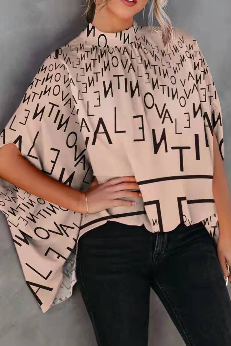 

Khaki Casual Print Split Joint O Neck Tops