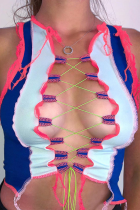 Синие сексуальные топы в стиле пэчворк с завязками и V-образным вырезом