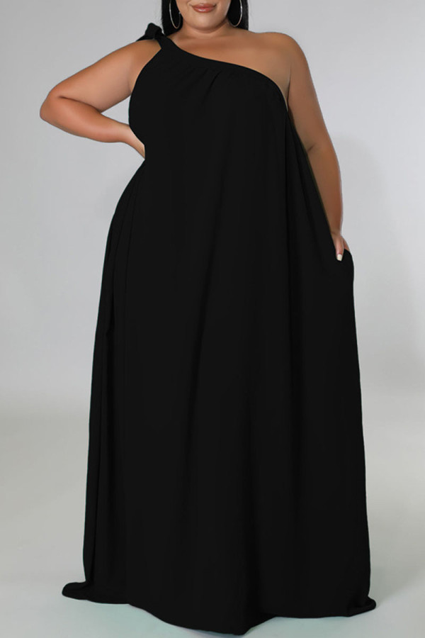 ブラック カジュアル ソリッド 包帯 パッチワーク 斜め襟 ストレート プラス サイズ ドレス