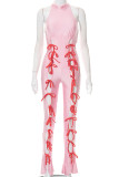 Roze sexy effen bandage uitgeholde patchwork O-hals reguliere jumpsuits