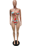 Red Vacation Print Hollowed Out Swimwears
