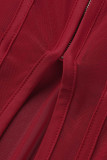 Röd Mode Sexig Patchwork Genomskinlig slits Fyrkantig krage Långärmad två delar