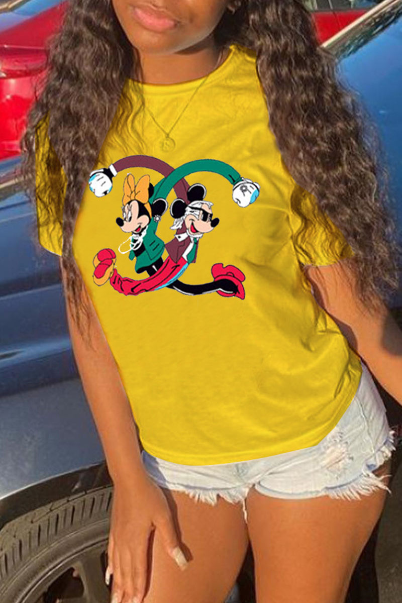 

Yellow Fashion Street Character Split Joint O Neck T-Shirts