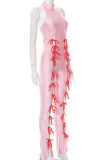Roze sexy effen bandage uitgeholde patchwork O-hals reguliere jumpsuits