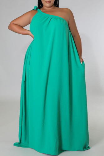 Green Casual Solid Bandage Patchwork Oblique Collar Straight Plus Size Dresses