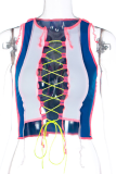 Blå sexig lapptäcke Draw String V-hals Toppar