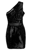 ブラックファッションセクシーなパッチワークスパンコールシースルーバックレスワンショルダーノースリーブドレス