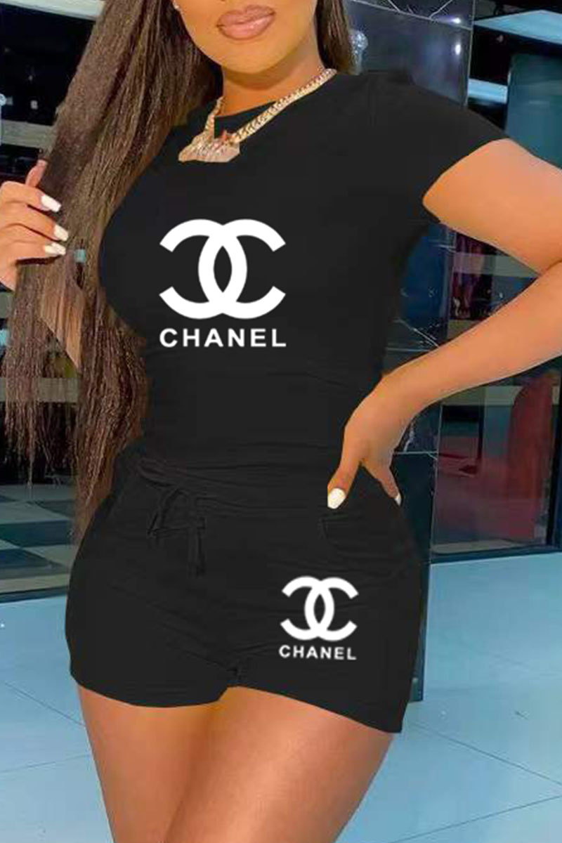 

Black Fashion Casual Print Letter O Neck Short Sleeve Two Pieces