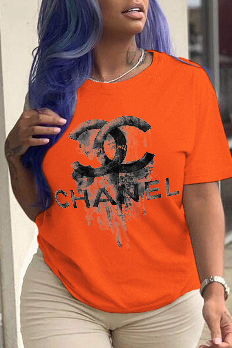 

Orange Fashion Casual Print Split Joint Letter O Neck T-Shirts