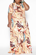 Kaki casual print patchwork O-hals recht Grote maten jurken
