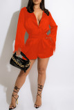 Tangerine Casual Solid Patchwork Buckle Feathers Turndown Collar Long Sleeve Two Pieces