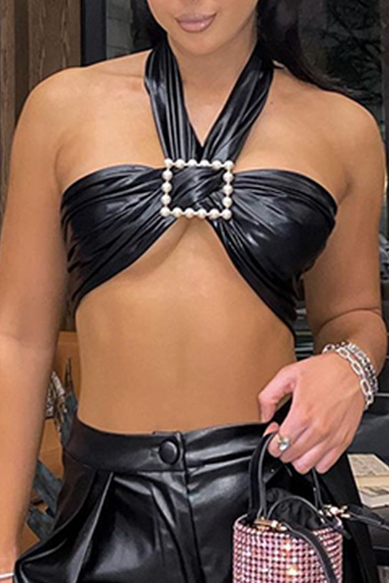 

Black Sexy Solid Split Joint Halter Tops