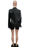Black Casual Solid Patchwork Buckle Feathers Turndown Collar Long Sleeve Two Pieces