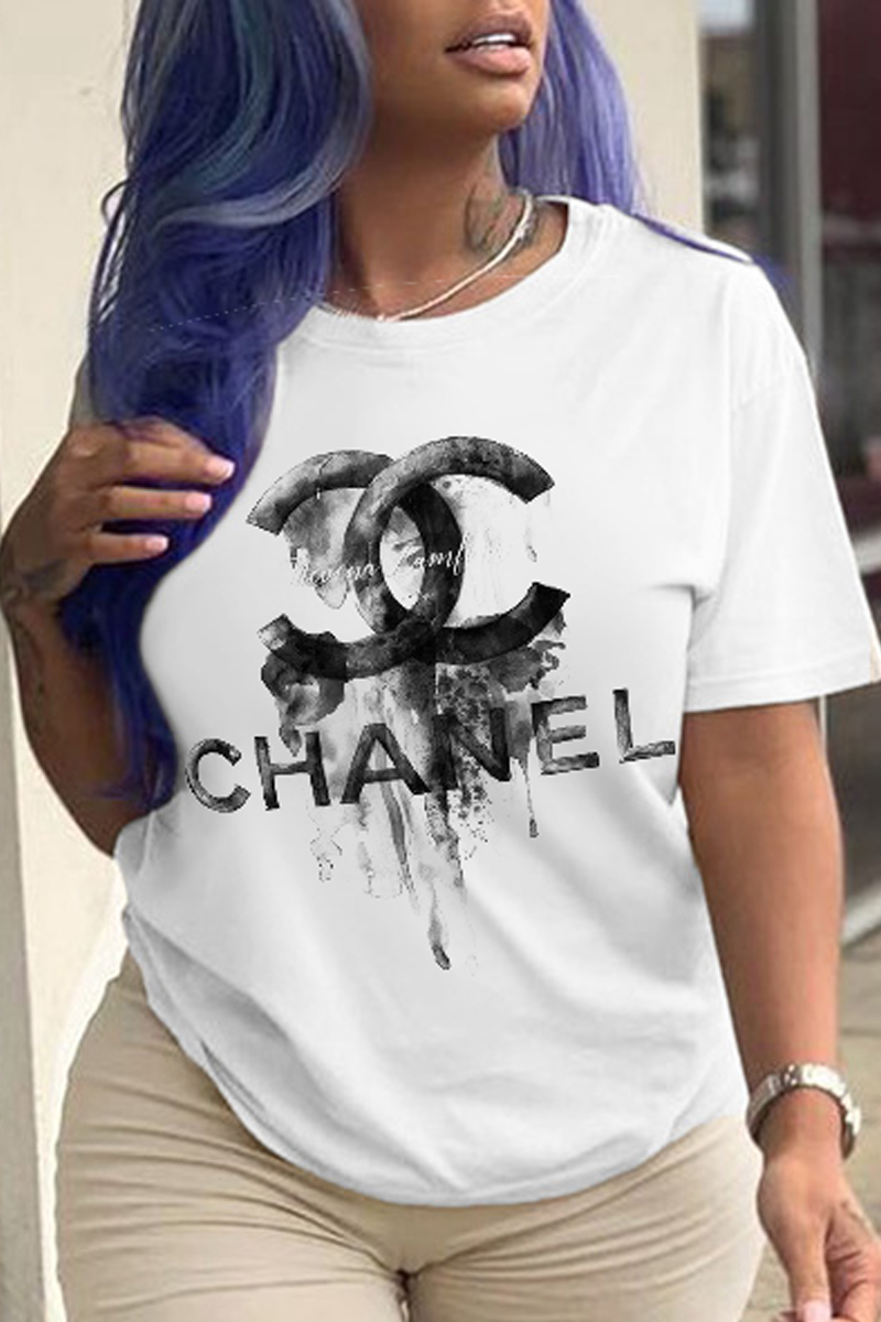 

White Fashion Casual Print Split Joint Letter O Neck T-Shirts