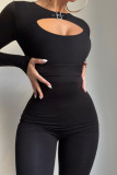 Black Sexy Solid Patchwork See-through V Neck Regular Jumpsuits