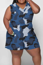 Blå Casual Print Kamouflage Print Patchwork V-hals Plus Size Jumpsuits