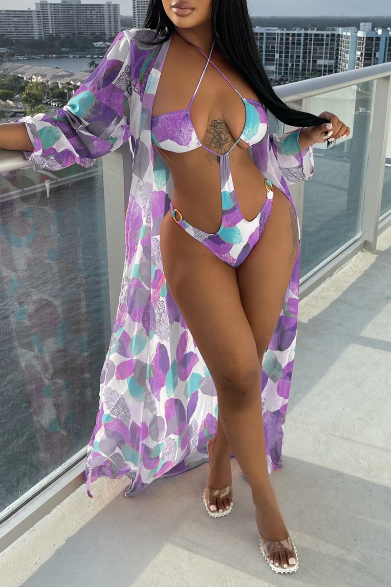 

Purple Vacation Print Hollowed Out Swimwears