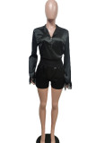 Black Casual Solid Patchwork Buckle Feathers Turndown Collar Long Sleeve Two Pieces
