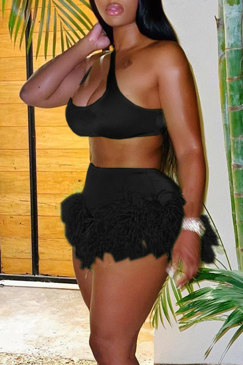 

Black Sexy Solid Split Joint Feathers U Neck Two Pieces