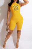 Yellow Casual Solid Embroidered Patchwork Half A Turtleneck Skinny Rompers