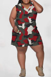 Roter, lässiger, bedruckter, Camouflage-Druck, Patchwork-Jumpsuit mit V-Ausschnitt und Übergröße