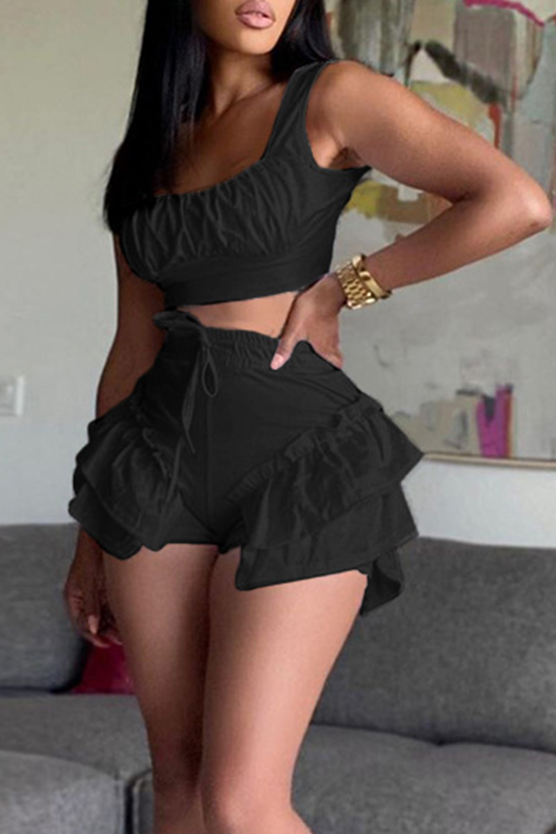 

Black Sexy Solid Split Joint Square Collar Sleeveless Two Pieces