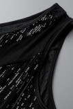 Robe noire sexy en patchwork de paillettes, dos nu, asymétrique, épaule dénudée, sans manches