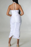ホワイトセクシーなソリッド包帯くり抜きパッチワークホルターワンステップスカートドレス