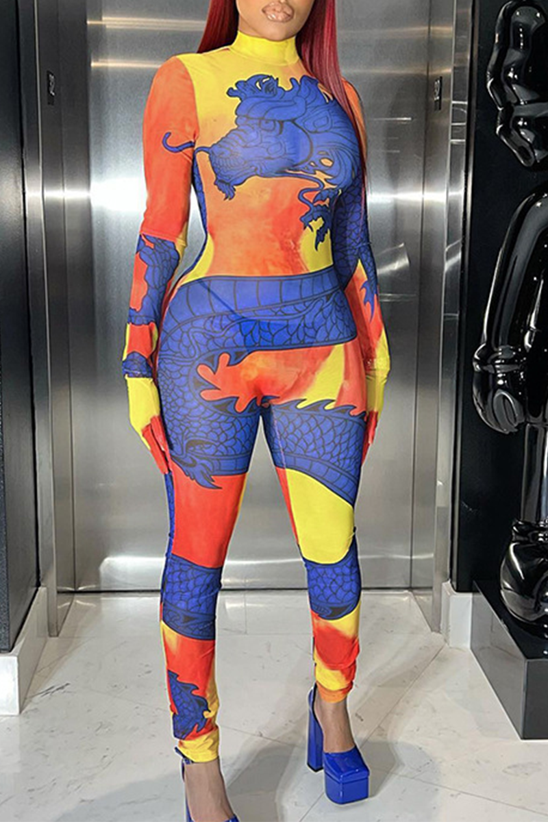 

Colour Casual Print Split Joint Half A Turtleneck Skinny Jumpsuits