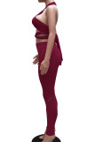 Burgundy Sexy Solid Hollowed Out Patchwork See-through Halter Sleeveless Two Pieces