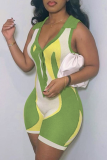 Зеленый сексуальный узкий комбинезон с отложным воротником и принтом в стиле пэчворк