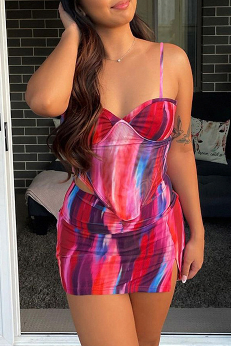 

Pink Sexy Print Split Joint Spaghetti Strap Sleeveless Two Pieces
