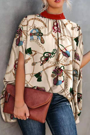 Multicolor Casual Print Patchwork O Neck Tops