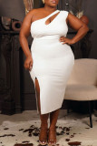 White Sexy Solid Patchwork Slit Oblique Collar One Step Skirt Plus Size Dresses