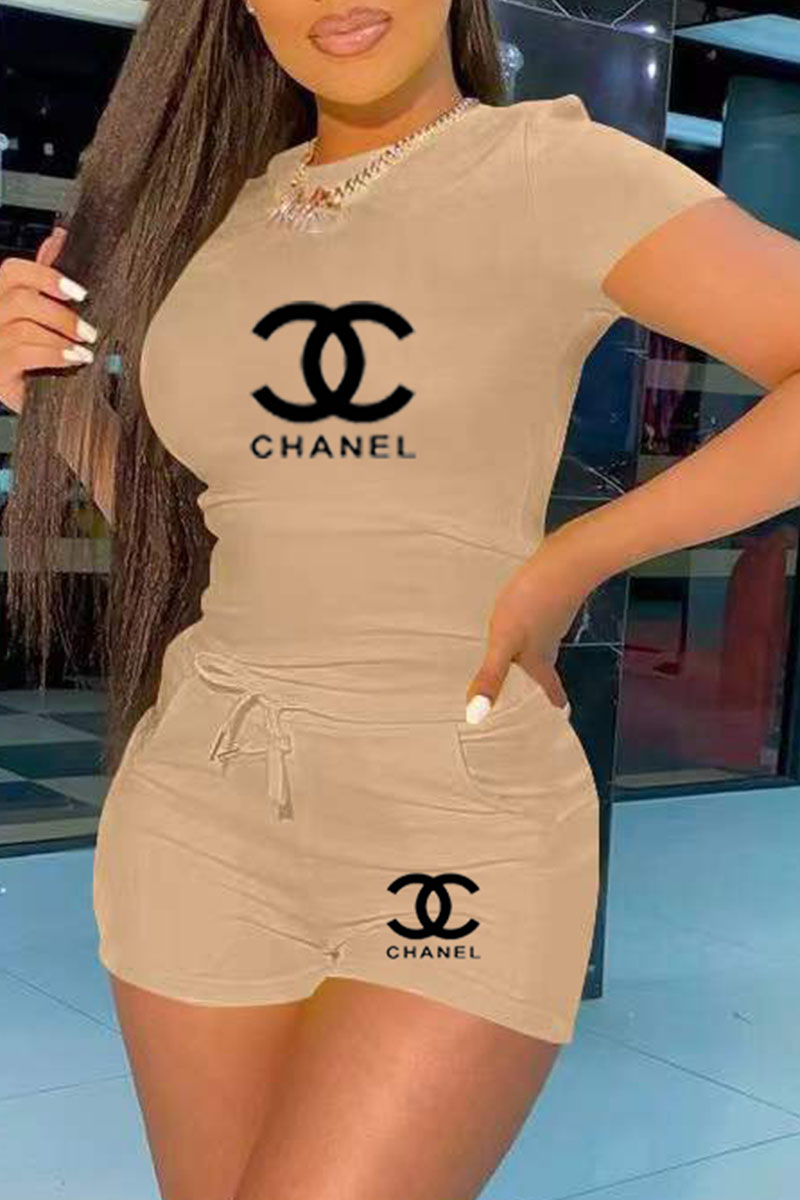 

Khaki Fashion Casual Print Letter O Neck Short Sleeve Two Pieces