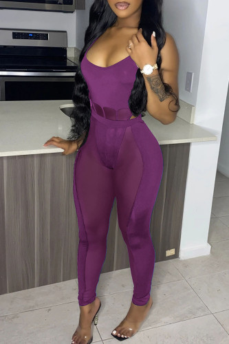 Purple Sexy Solid Split Joint See-through Spaghetti Strap Sleeveless Two Pieces