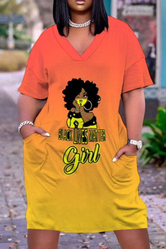 Orange Casual Gradual Change Print Pocket V Neck Straight Dresses