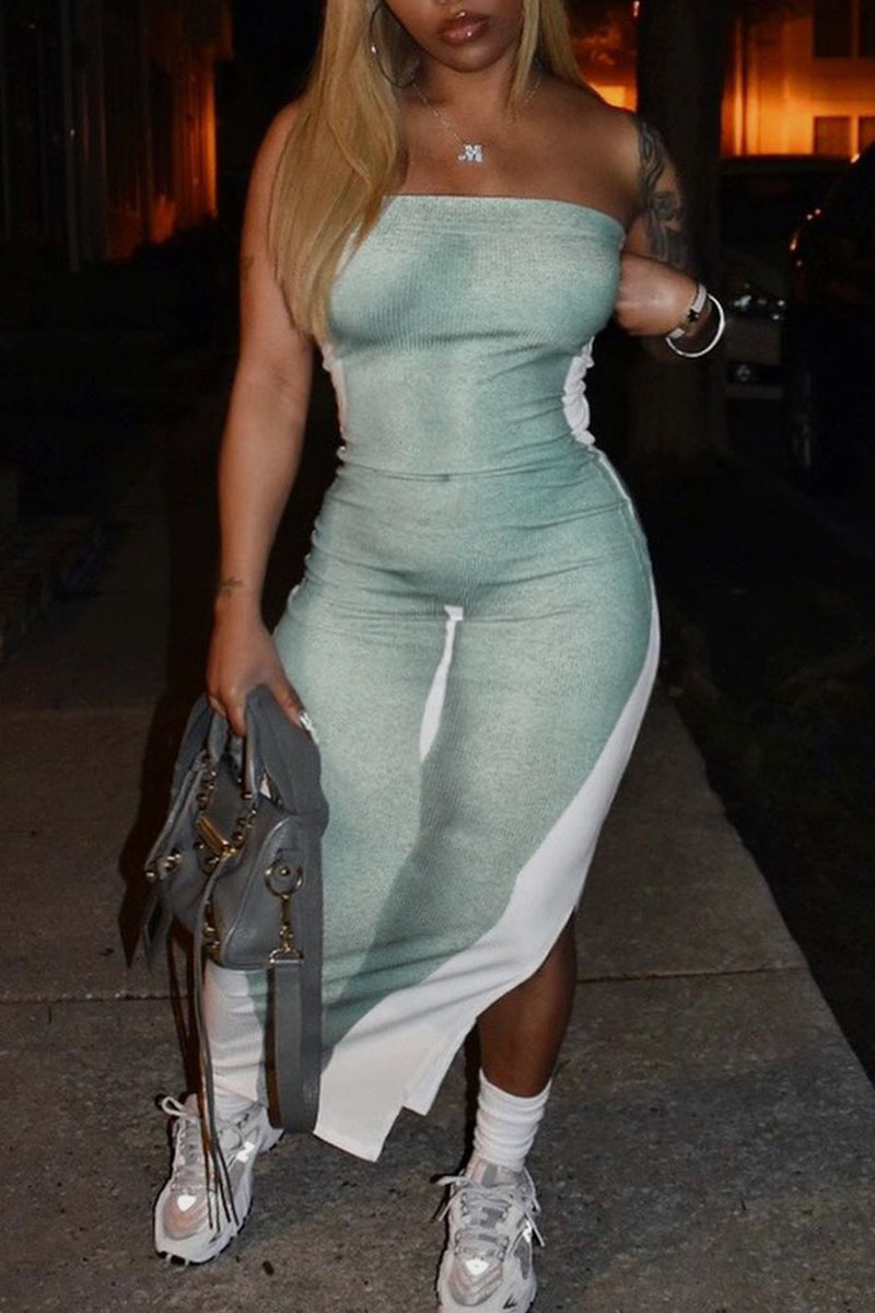

Ink Green Sexy Print Split Joint Slit Strapless Straight Dresses