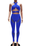 Blue Sexy Solid Hollowed Out Patchwork See-through Halter Sleeveless Two Pieces