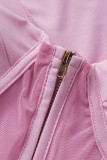 ピンクのファッションセクシーなパッチワークシースルースリットスクエアカラー長袖ツーピース
