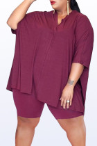 Burgund Casual Solid Patchwork Slit O Neck Plus Size Two Pieces