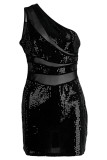 Black Fashion Sexy Patchwork Sequins See-through Backless One Shoulder Sleeveless Dress