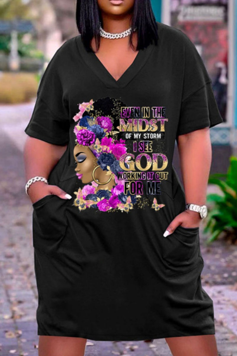 

Fuchsia Casual Print Split Joint V Neck Straight Dresses