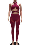 Burgundy Sexy Solid Hollowed Out Patchwork See-through Halter Sleeveless Two Pieces