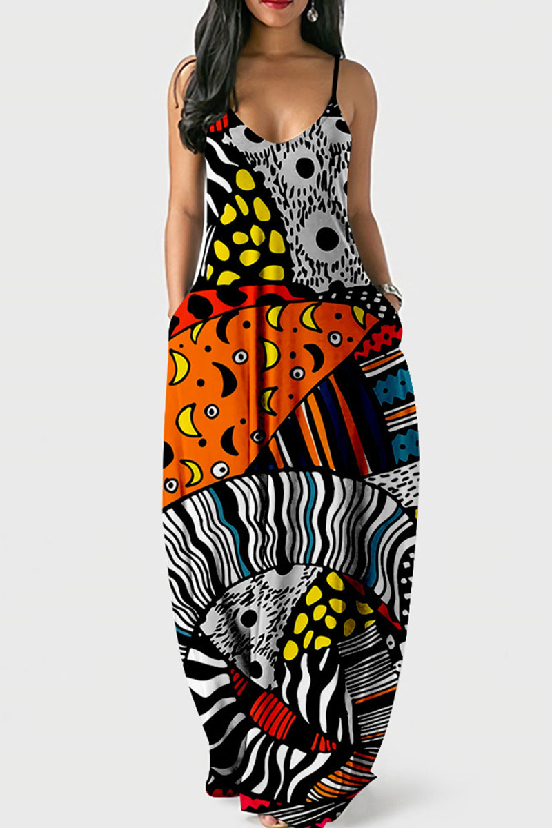 

Colour Casual Print Split Joint Spaghetti Strap Dresses