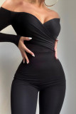 Zwart Sexy Effen Patchwork Doorzichtige V-hals Normale jumpsuits