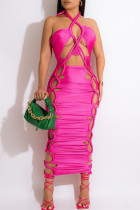 ピンクのセクシーな固体包帯くり抜きパッチワーク ホルター ワン ステップ スカート ドレス