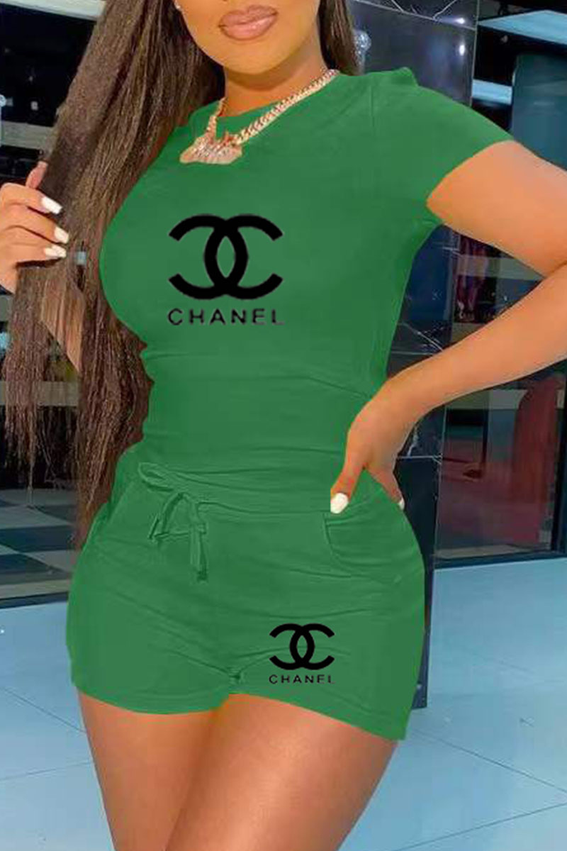 

Green Fashion Casual Print Letter O Neck Short Sleeve Two Pieces