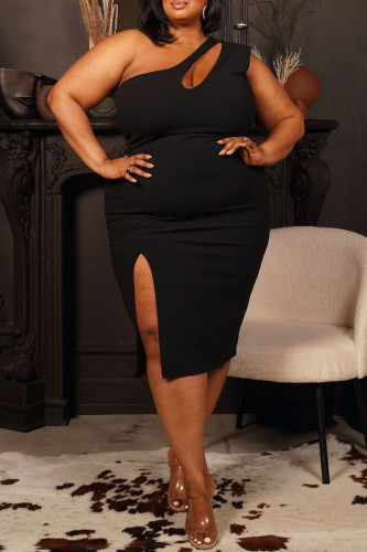 Black Sexy Solid Split Joint Slit Oblique Collar One Step Skirt Plus Size Dresses