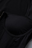 Schwarze Mode Sexy Patchwork Durchsichtiger Schlitz Quadratischer Kragen Langarm Zweiteiler